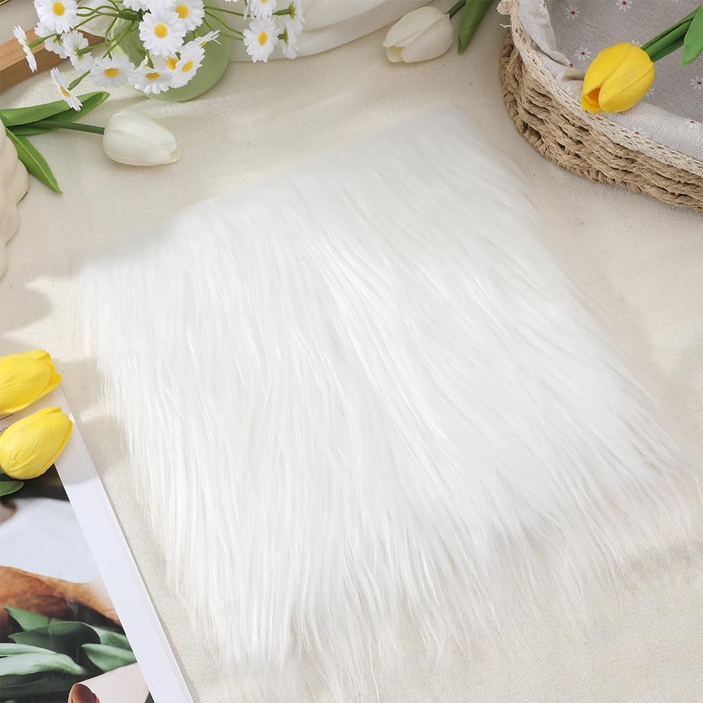 Faux Fur Fabric 4 Pcs Fake Fluffy Fuzzy Fabrics White Faux Furs for Crafts Square Shaggy Fur Patches for Christmas Costume Decorations Chair Cover Seat Cushion Pad DIY Craft Supplies 10 x 10 Inch image 2