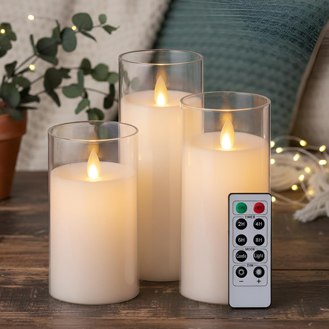 LTETTES Flameless LED Candles AA Battery Powered with White Acrylic Fiber Glass with Remote Controller and Timer for Home Festival Wedding Decor (Set of 3-3" D x 4",5",6" H)