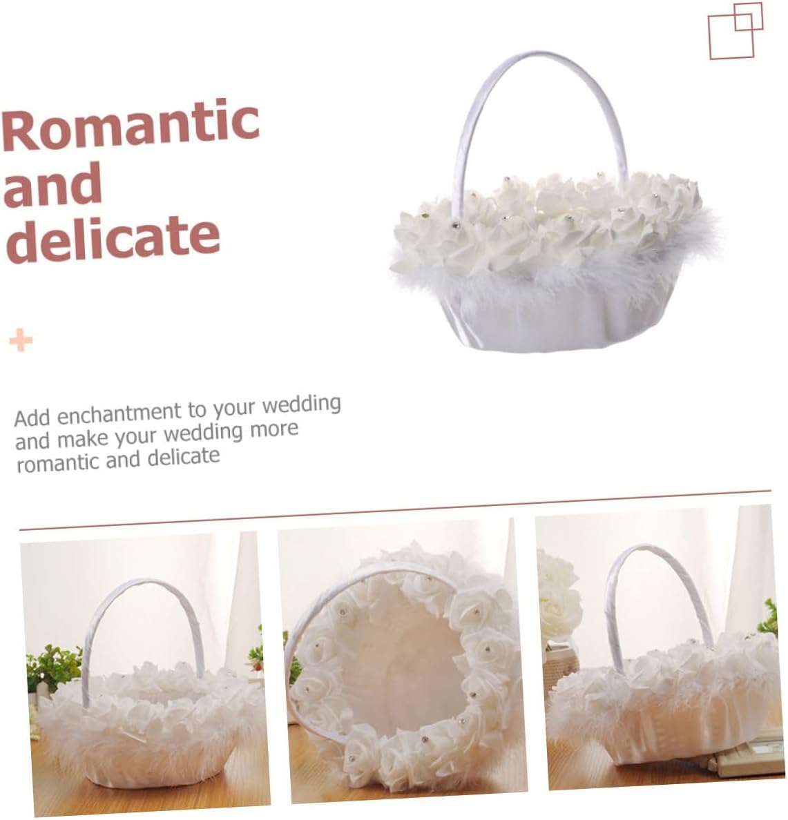 KESYOO Wedding Flower Girl Basket White Delicate Wedding Basket with Handle for Bride Ceremony Supplies and Flower Petals Holder