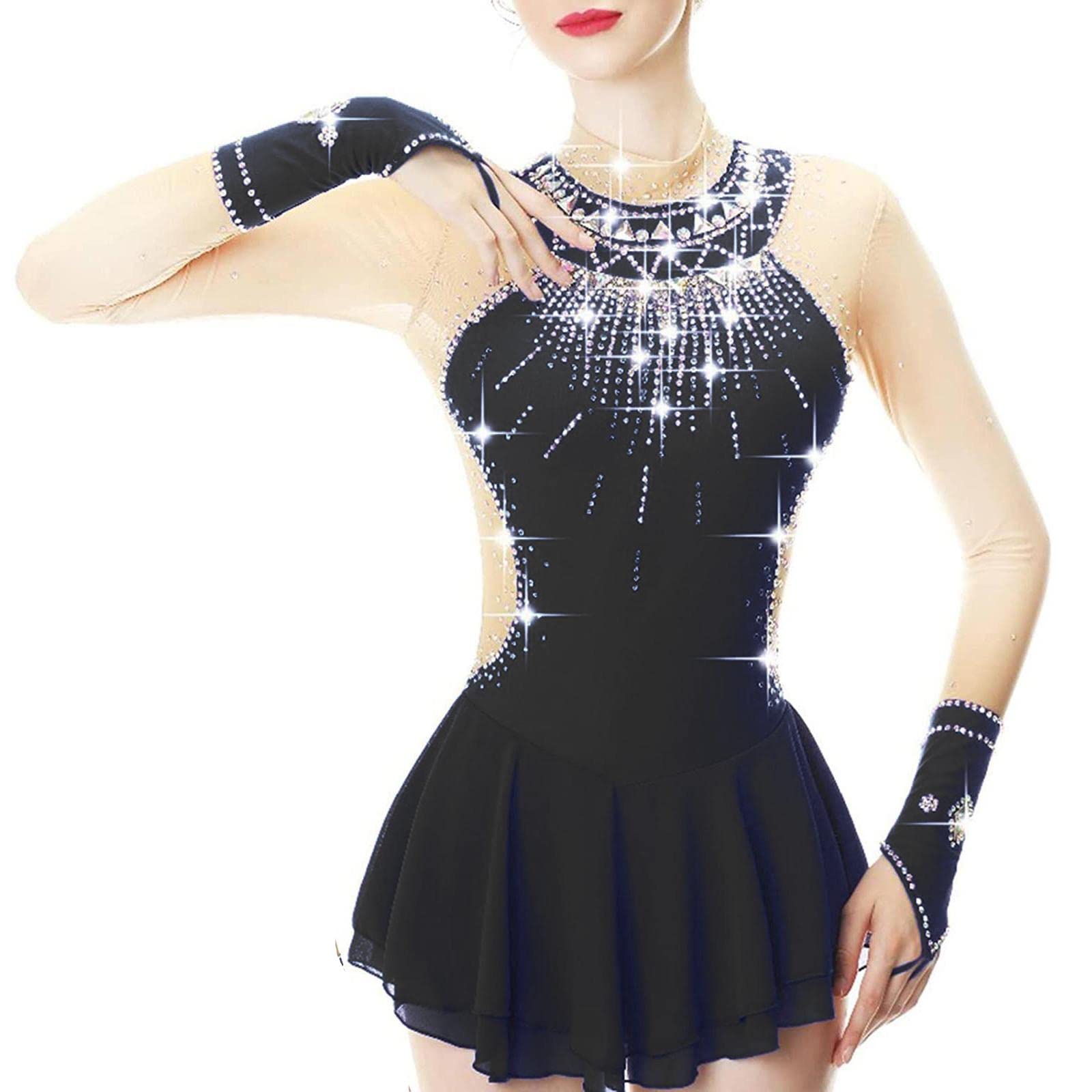 ZEDDG Niños Niñas Mangas Largas Vestido Patinaje artistico Maillot de Gimnasia artistica Vestido de tutú de Leotardo de Ballet Ropa de Baile Leotardo de Gimnasia,Black-XXL