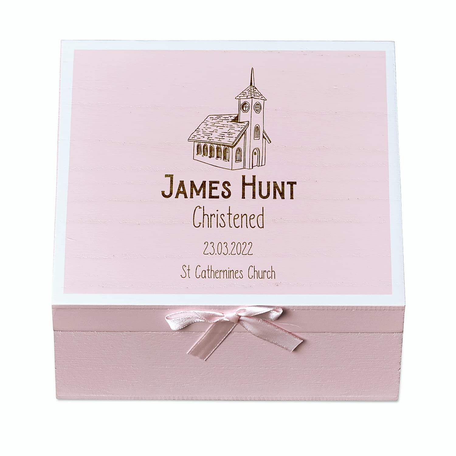 ukgiftstoreonline Personalised Christening Pink Keepsake Box With Church Design