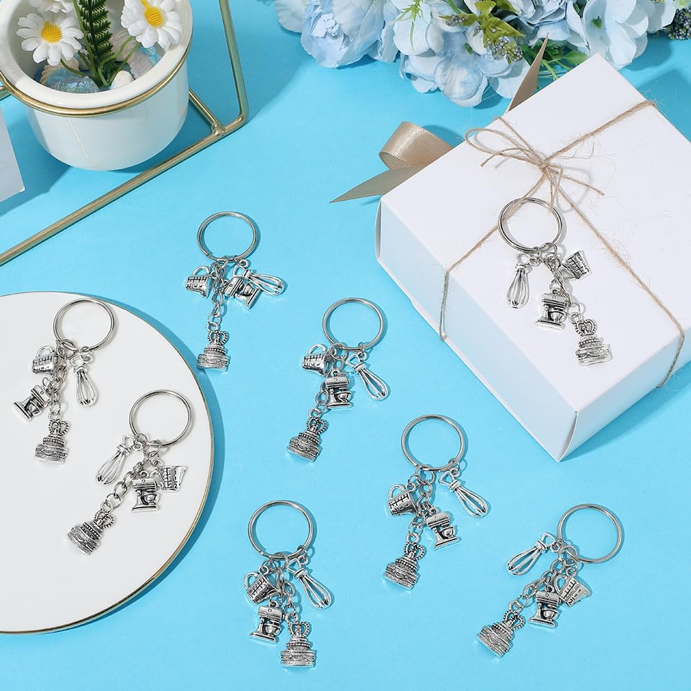SUNNYCLUE 1 Box 20Pcs Baking Key Chain Cake Keychain Bulk Silver Metal Alloy Dessert Cooking Kitchen Cutlery Baker Tool Utensils Decorations Charm Keyring for Handbag Graduation Gifts Accessories