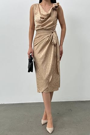 Belt Tied Degaje Collar Stylish Shiny Night Evening Dress & Dress with Satin Rose Accessories STP-002