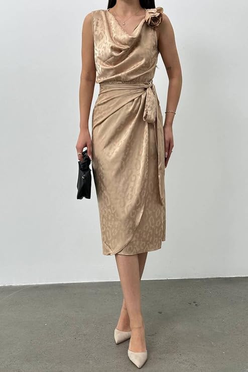 Belt Tied Degaje Collar Stylish Shiny Night Evening Dress & Dress with Satin Rose Accessories STP-002
