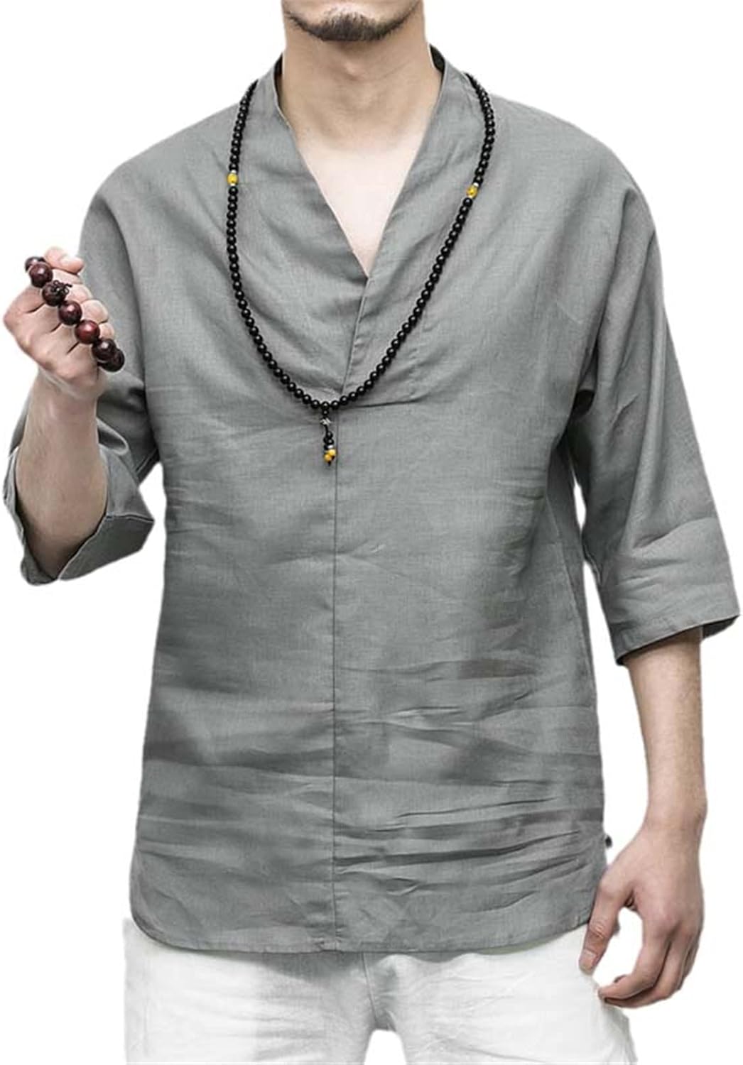 Aoleaky Summer Ancient Style Cotton Linen Shirt V-Neck Short Sleeve Men 3/4-Sleeved Shirt Chinese Style Men's Clothing Hanfu