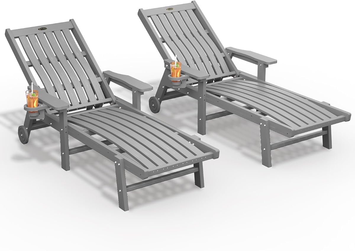 Outdoor Chaise Lounge Chair Set of 2,HDPE lounge chair outdoor with Wheels | Oversized pool lounge chairs with cup holder, 5 adjustable position for patio,outside,pool,deck