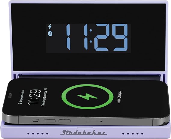 Studebaker Techmate All-in-One: Portable Travel Clock, Wireless & Wired Phone Charger, Bluetooth Speaker, and Power Bank (Lilac)