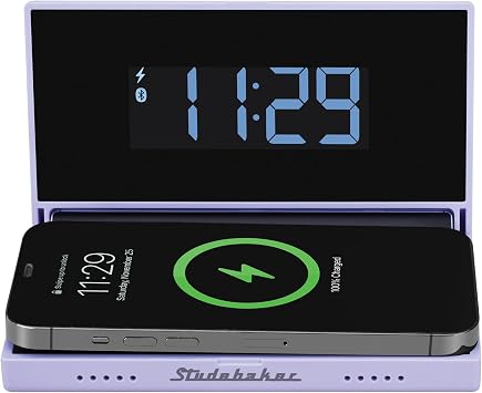 Studebaker Techmate All-in-One: Portable Travel Clock, Wireless & Wired Phone Charger, Bluetooth Speaker, and Power Bank (Lilac)