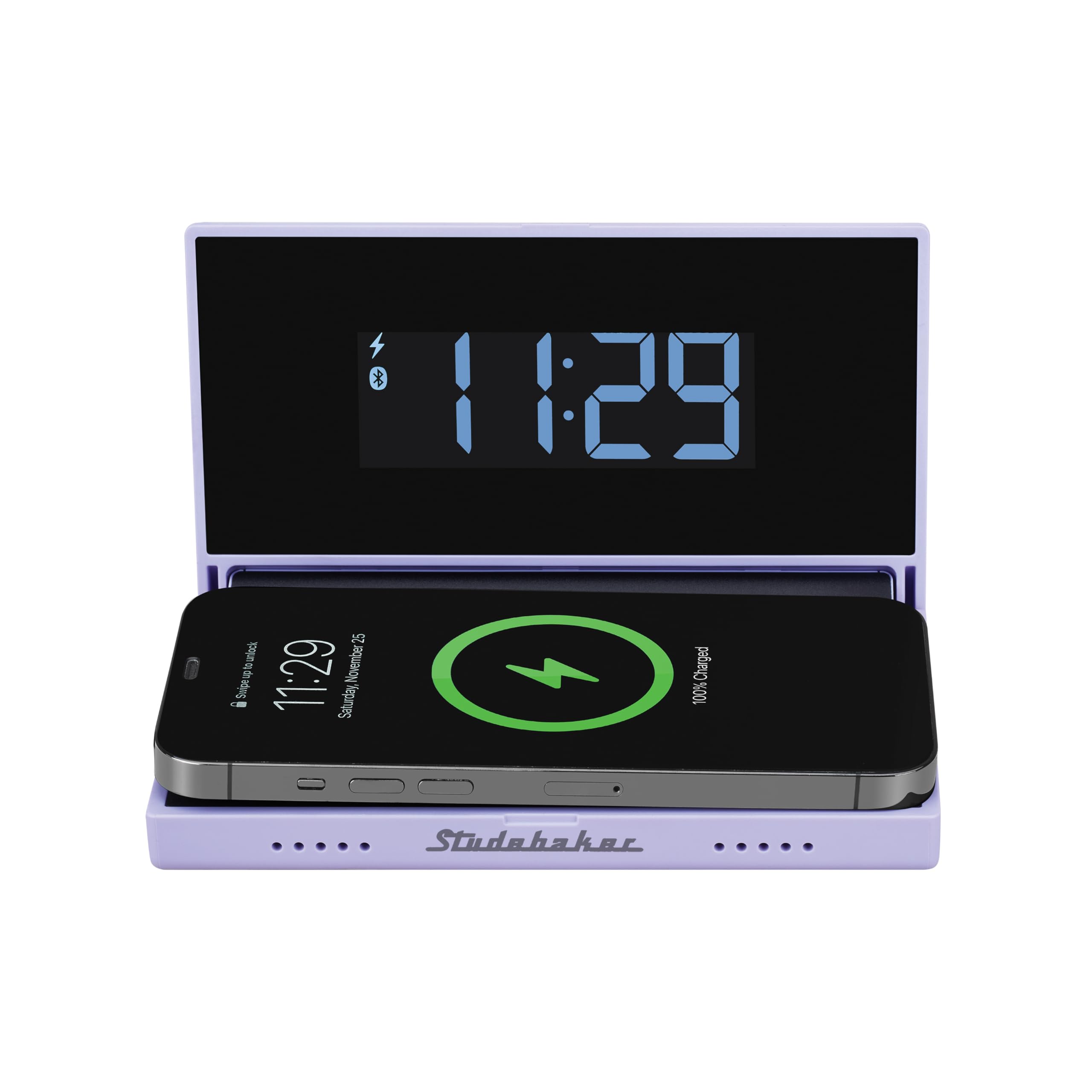 Studebaker Techmate All-in-One: orologio da viaggio portatile, caricabatterie per telefono wireless e cablato, altoparlante Bluetooth e power bank (Lilla)