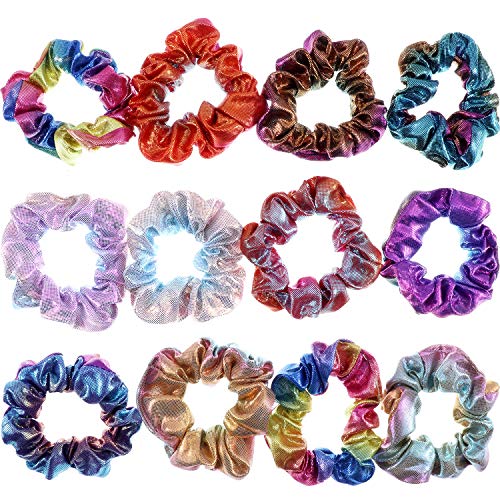 Gejoy 12 Pieces Shiny Scrunchie Elastics Scrunchy Bobbles Metallic Hair Scrunchies for Dance Show Party Gym Club of Women and Girls