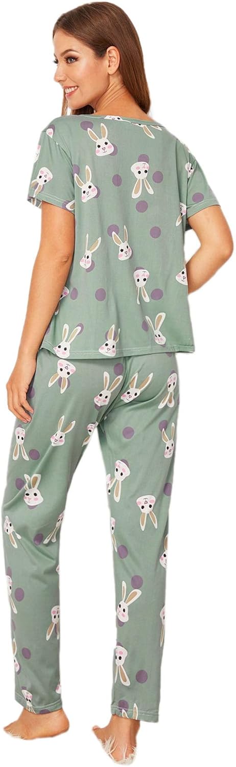 Floerns Women's Cartoon Print Short Sleeve Top with Long Pants Two Piece Pajama Sets - Image 2