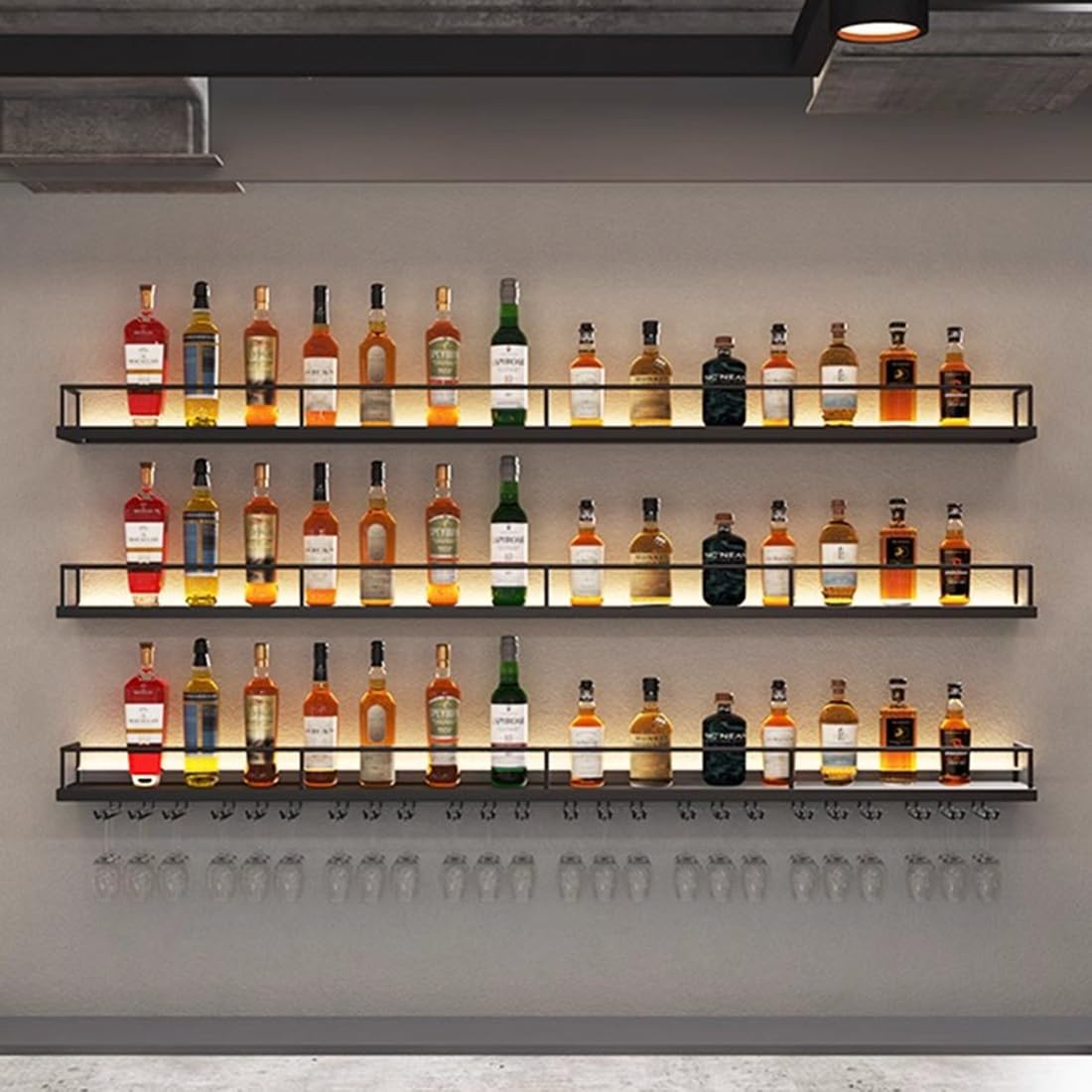 Portabottiglie vino parete a LED a 3 ripiani, angolo bar in metallo, ripiano espositivo industriale, cantinetta vino sospeso per esposizione di vini per bar di casa, sala da pranzo, cucina(Black,120*2