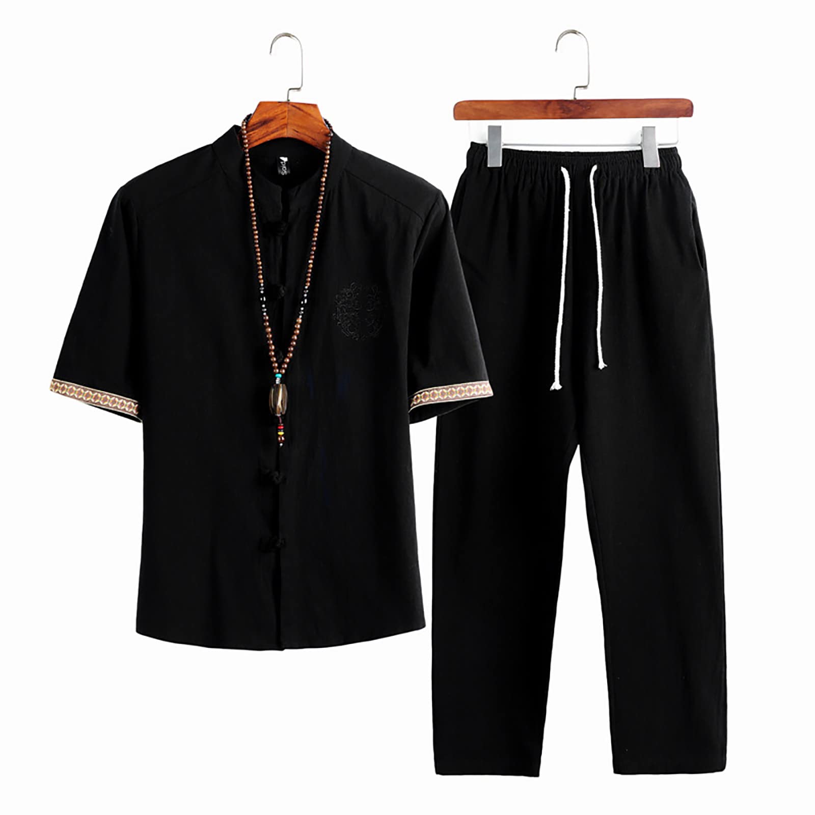 Generisch Tuta da uomo estiva per il tempo libero, tuta da jogging da uomo, set con camicia cinese, traspirante, leggera, da spiaggia, tinta unita, estiva, due pezzi, streetwear, tuta da uomo