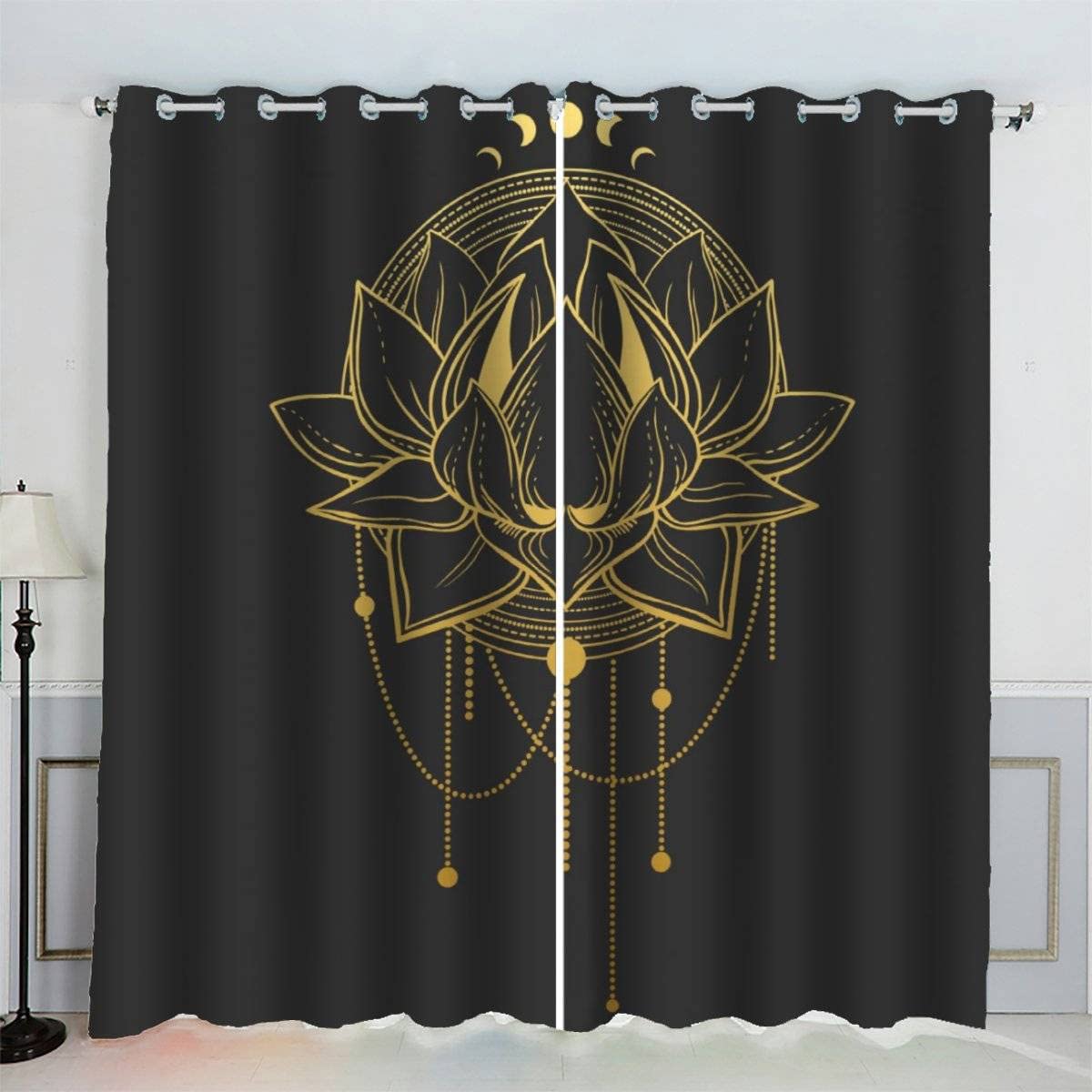 3D Goldener Lotus Vorhänge mit ösen B 150 X H 166 cm Mikrofaser Gold Gardinen Blickdicht Verdunkelungs Scheibengardinen 2 Stücke für Wohnzimmer Schlafzimmer Kinderzimmer Küche