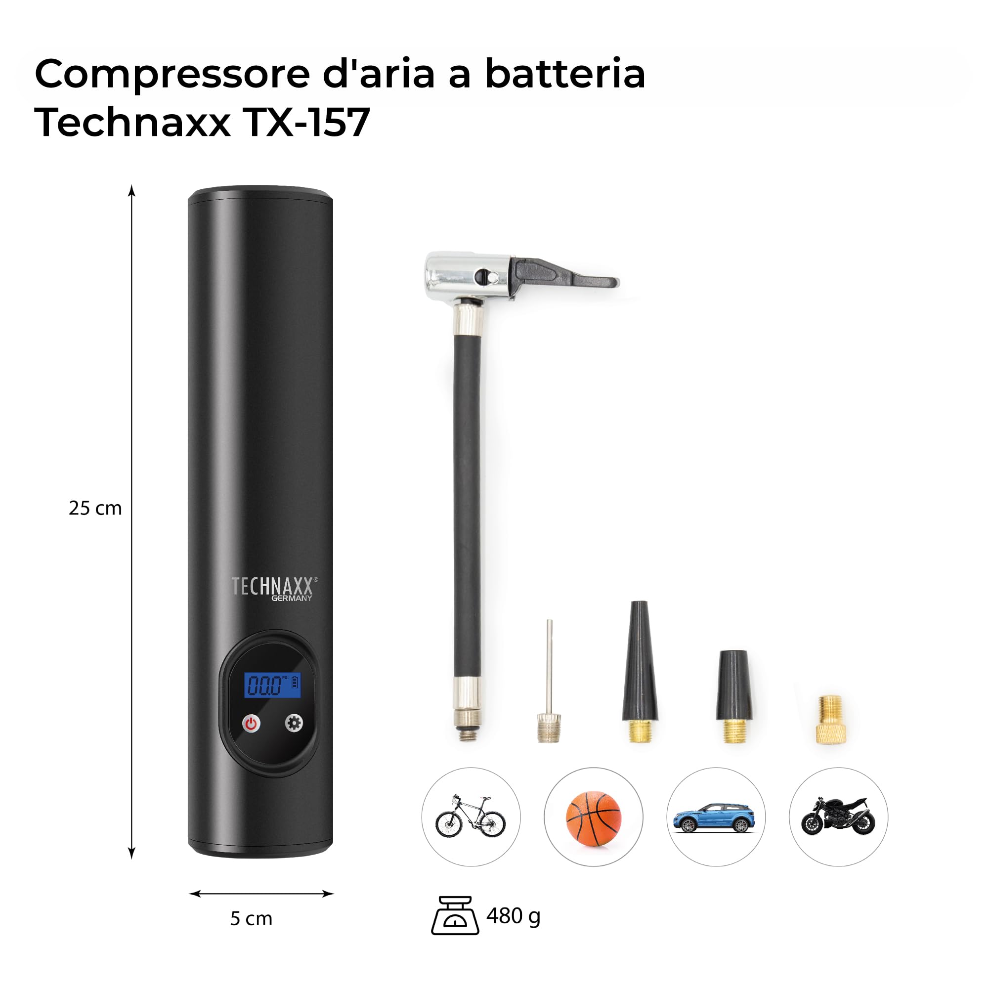Technaxx Compressore Aria Portatile 6000mAh – Gonfiatore Wireless con Display Digitale, 8 Bar Auto Stop, 12V, Pompa Pneumatici per Auto, Bicicletta, Moto e Palloni, Luce LED - TX-157