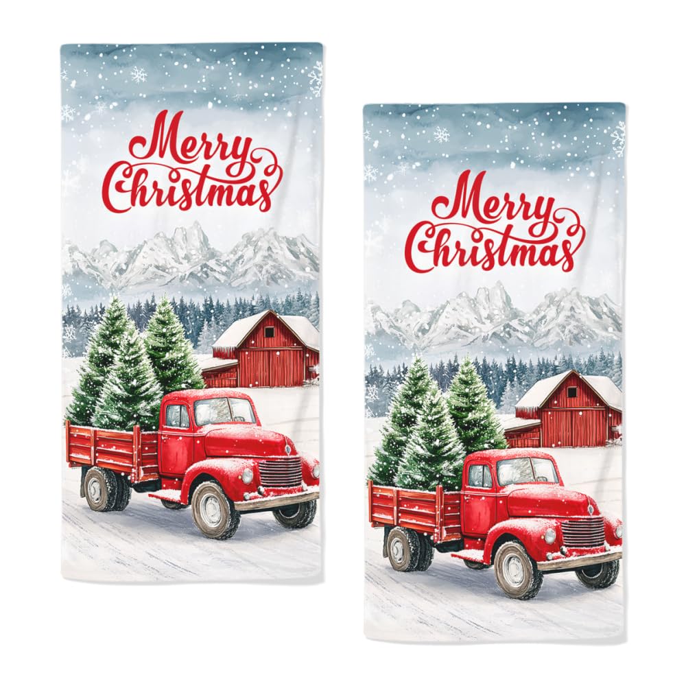 qiuhuang Christmas Hand Towels for Bathroom - Red Truck Tree Bath Towel Set of 2 - Merry Winter Kitchen Towels for Gym Hotel Xmas Gifts 28.7x13.7 Inch