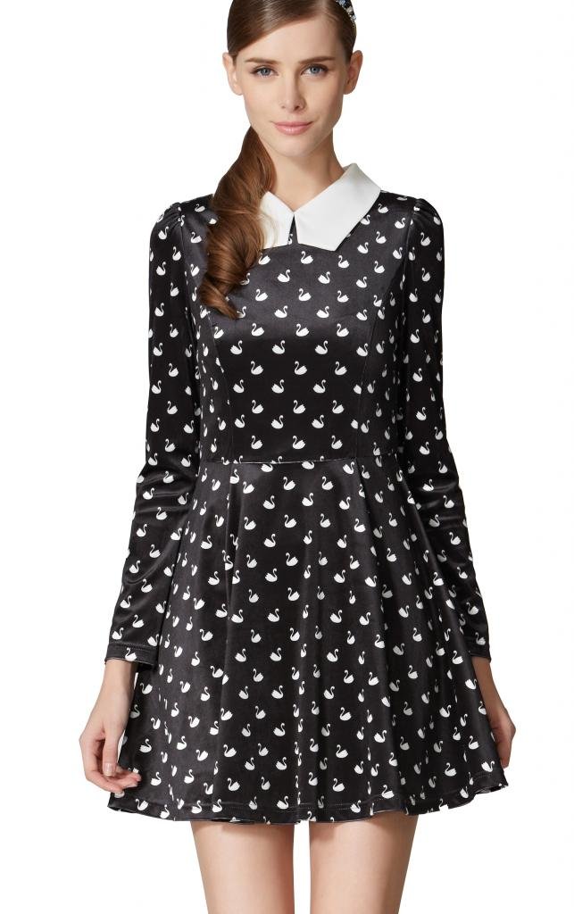 OSA Women's Darling Swan Printed Long Sleeve Tunic Shirt Dress