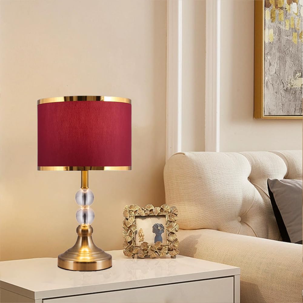 XINYASEE Lampada da comodino classica, paralume in tessuto e corpo in cristallo, E27, lampada da tavolo, soggiorno e camera da letto, rosso, oro (Rosso)