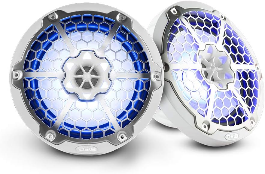 DS18 Hydro NXL-8M/WH – High End Mesh Grill Coaxial Speaker Pair – 2-Way Car Speaker with Integrated RGB Lights – 375 Watt Car Audio System – Water Resistant Speakers – 8 Inches, White