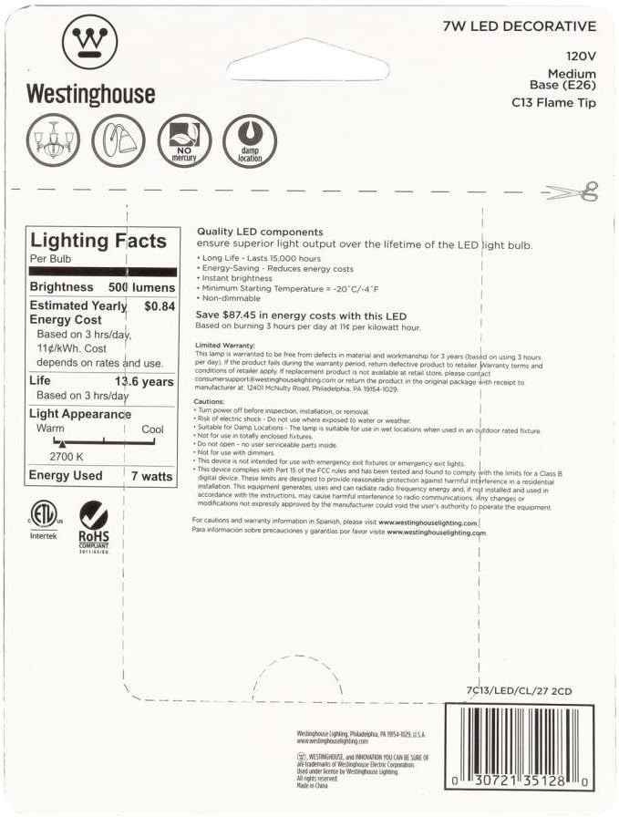 Flash Deals - 50% OFF Westinghouse Lighting 3512800 60-Watt Equivalent C13 Soft White LED Light Bulb with Medium Base, 2 Pack Best Cyber Deals 🔥 Westinghouse Lighting 3512800 60-Watt Equivalent C13 Soft White LED Light Bulb with Medium Base, 2 Pack