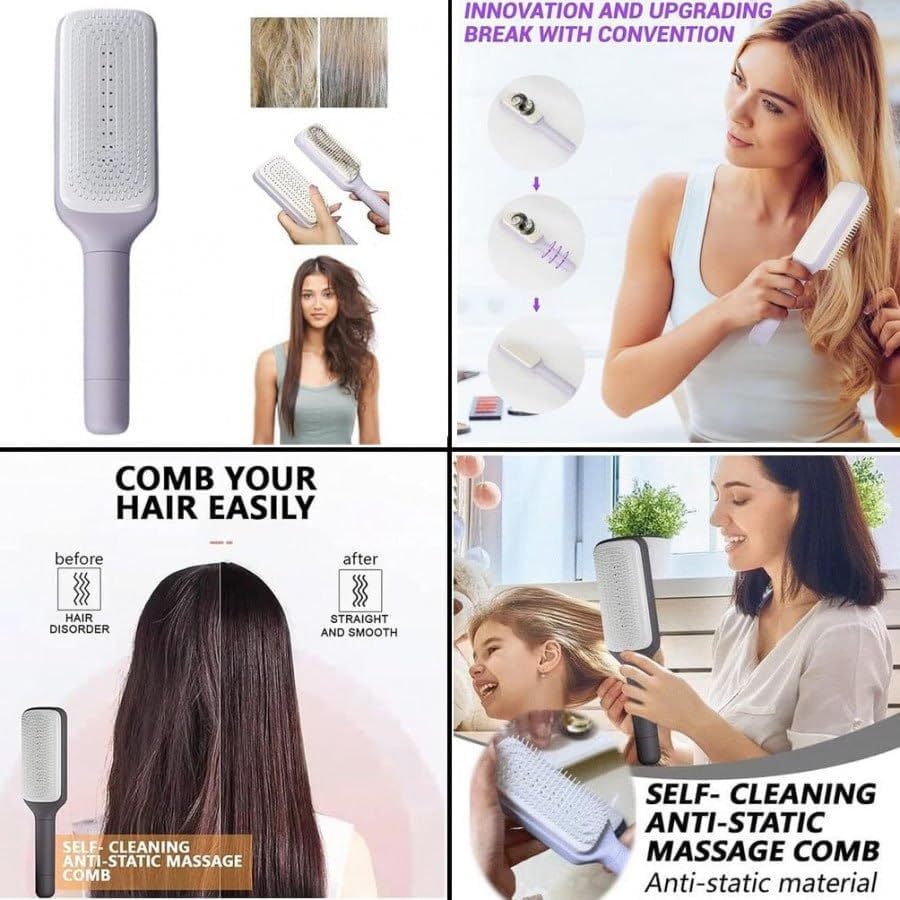 Image of Self Cleaning Hair Brush (Pack of 2) with Retractable Bristles | Easy One-Push Hair Removal, Scalp Massage Comb, Anti-Static Hairbrush for Women | For All Hair Types