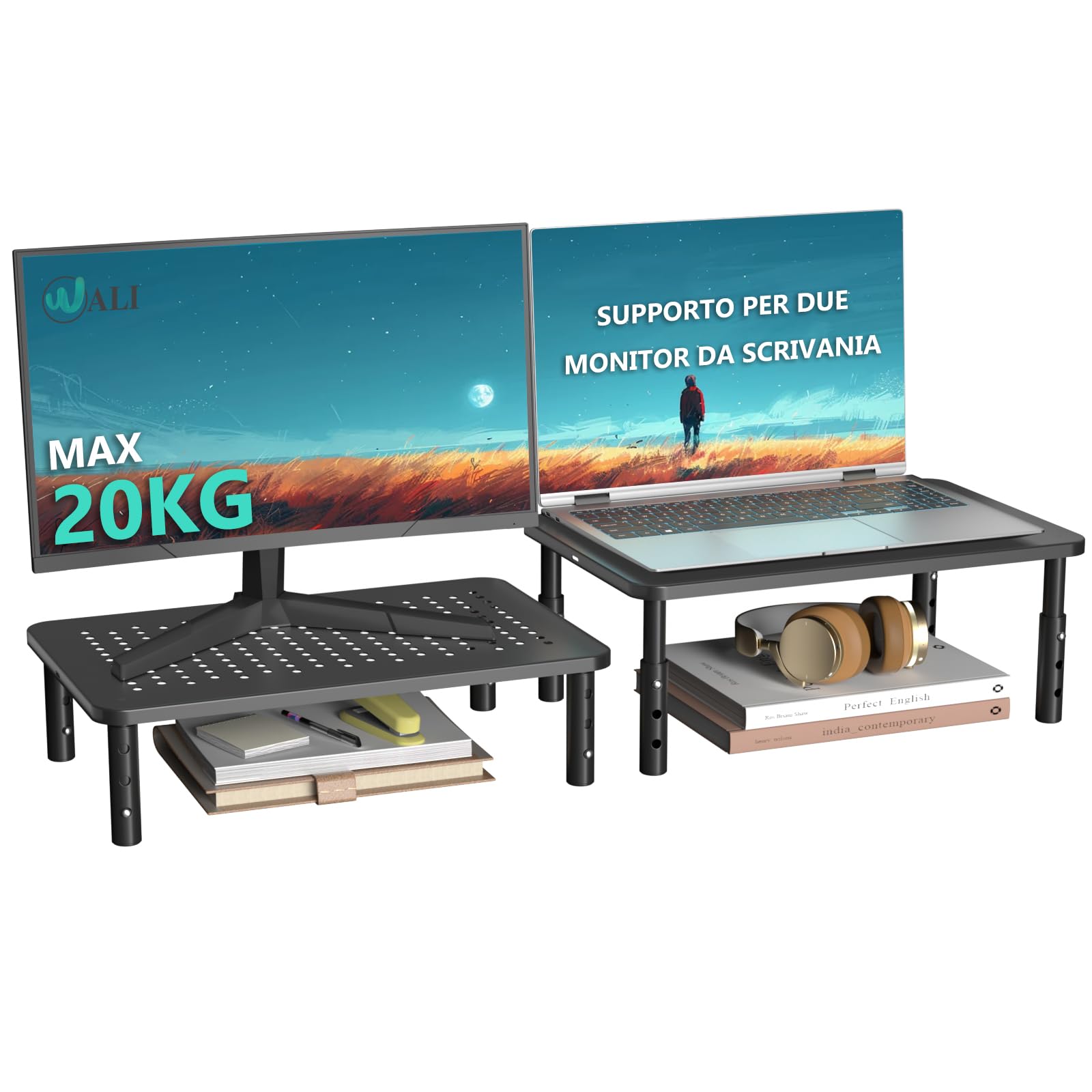 WALI Supporto per monitor del computer, 3 alzate regolabili in altezza, supporto per computer da scrivania in metallo, per ufficio, casa, scuola, 37 x 24 cm, confezione da 2, nero (STT003-2)