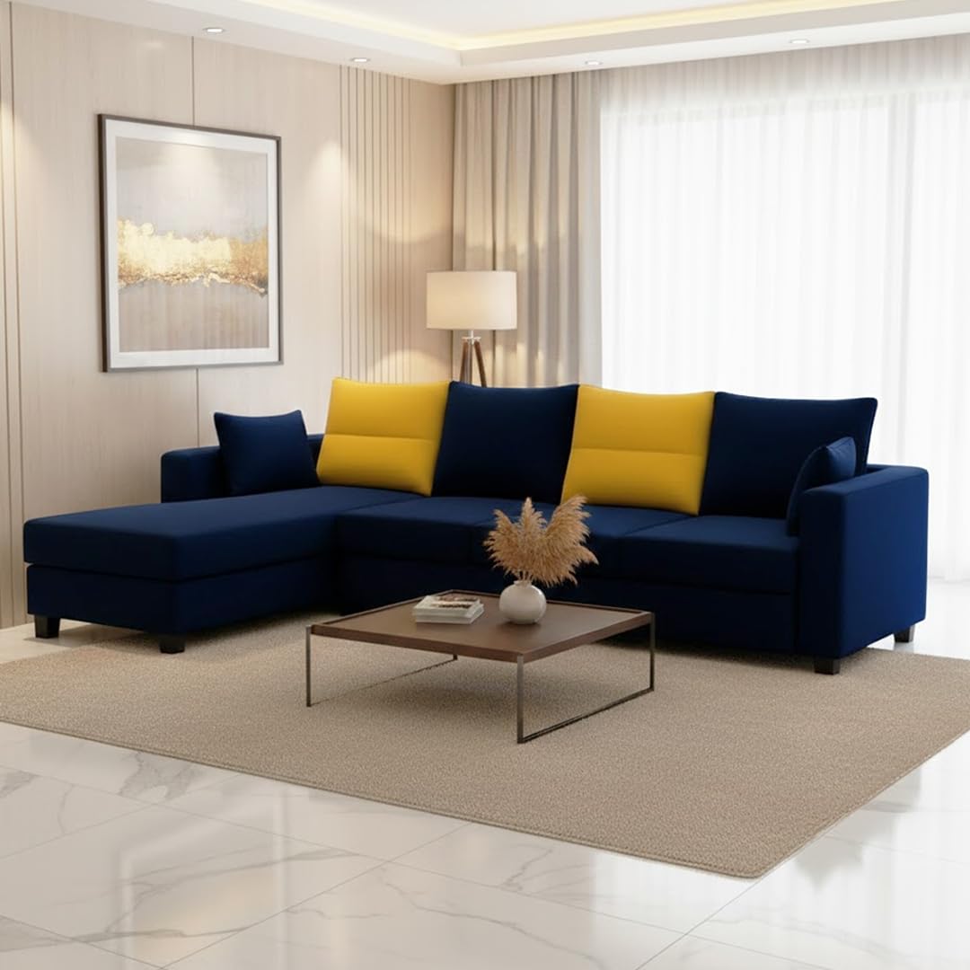 CASASTYLE Texon 5 Seater Fabric LHS L Shape Sofa Set (Yellow-Dark Blue) Velvet Finish | Comfortable Sectional Sofa Set