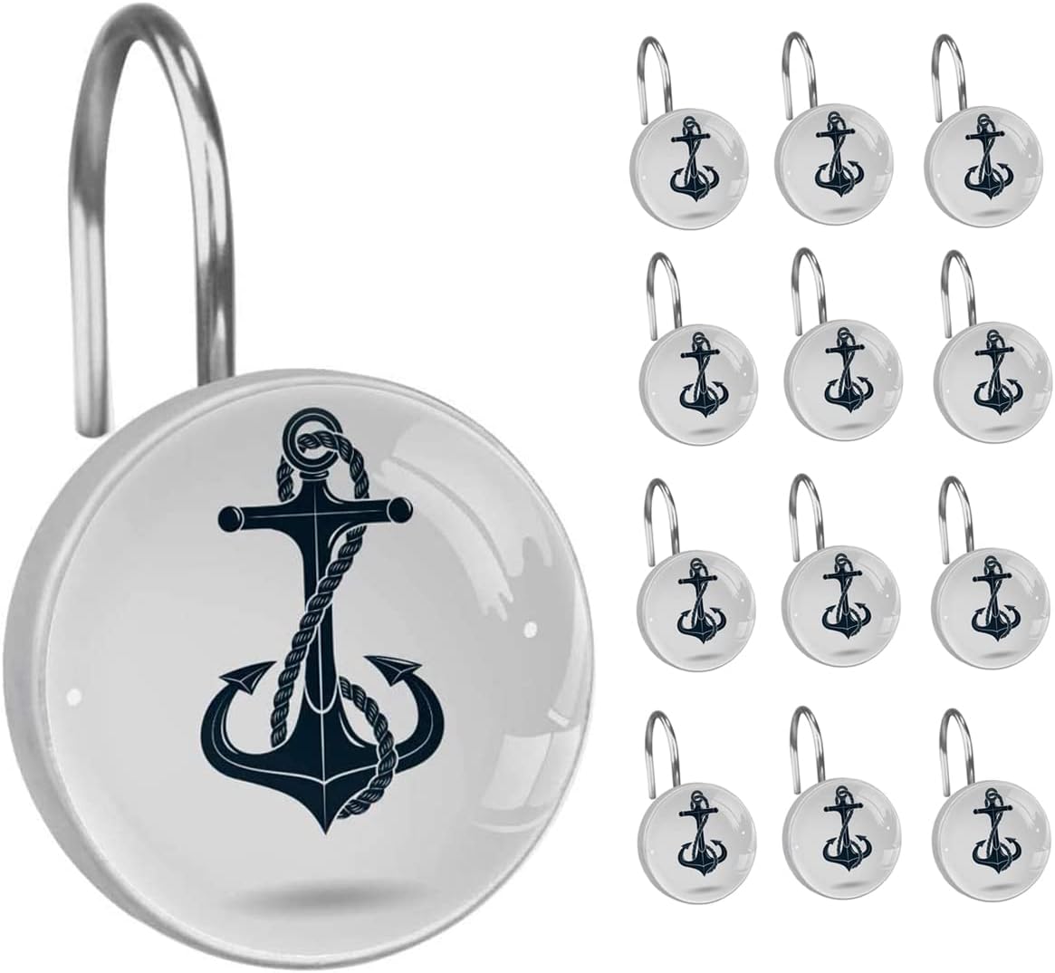 Shower Curtain Hooks Rings Rustproof 12PCS for Hotel Bathroom Shower Rods - Navy Blue Anchor Print