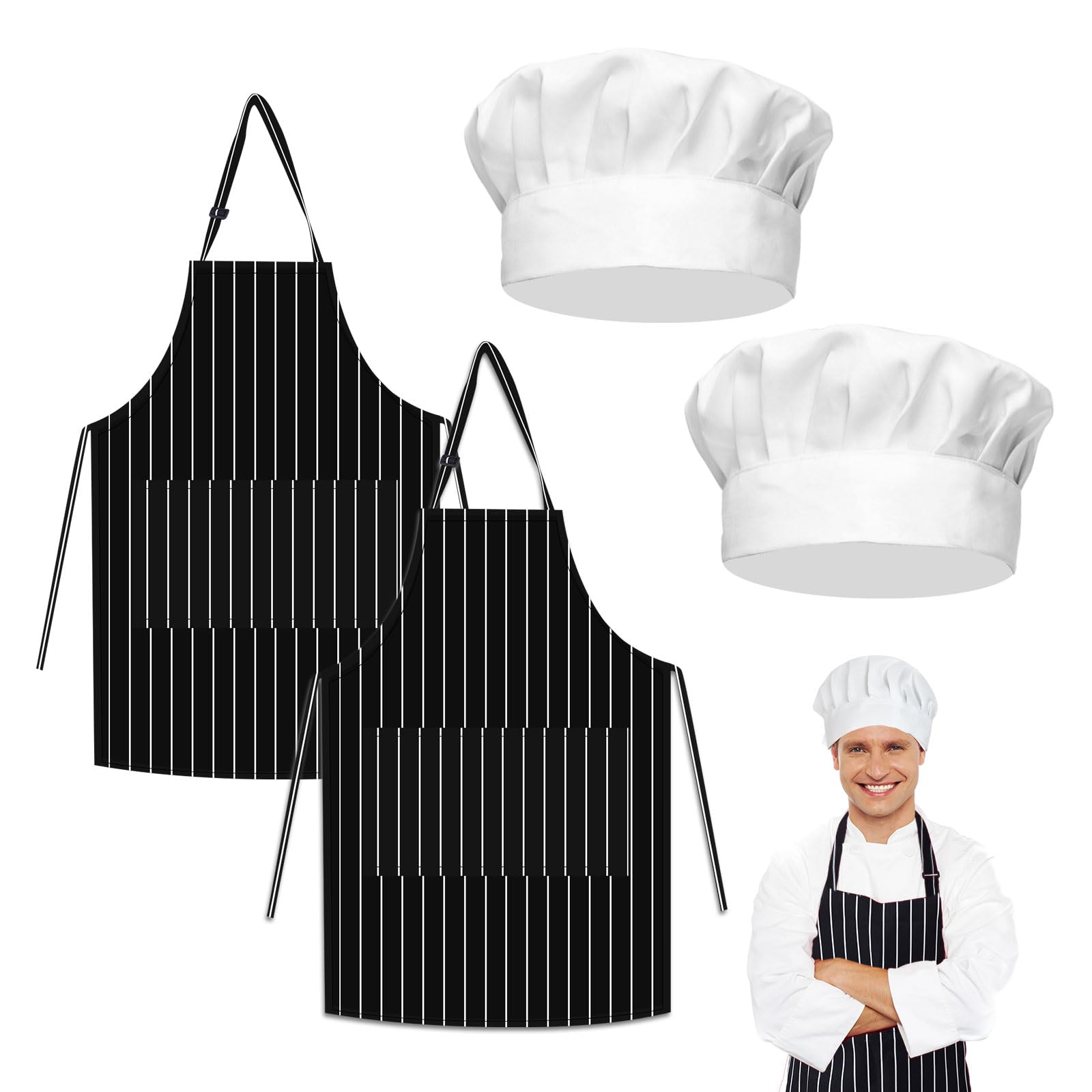Uilyniu Unisex 4 Pcs 4 Pieces Apron And Chef Hat Set Adjustable Apron Apron With Pocket For Cooking Kitchen Chef Aprons Suitable For Home Kitchen Gardening Cafes House Painting Housework(4 Pcs)