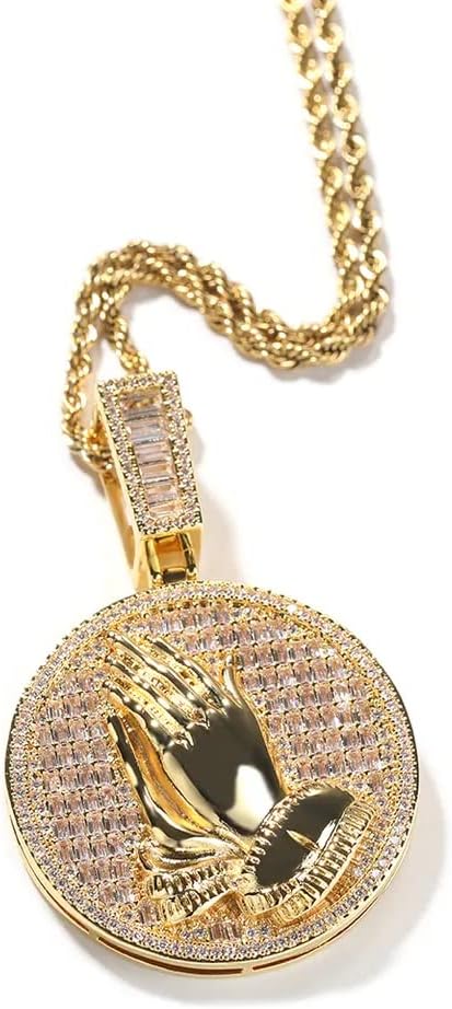 The Jewelers House 14K Gold Finish Simulated Diamond Custom Bling Iced Out Praying Hands Religious Medallion Charm Pendant Necklace, Gift For him, Free Chain