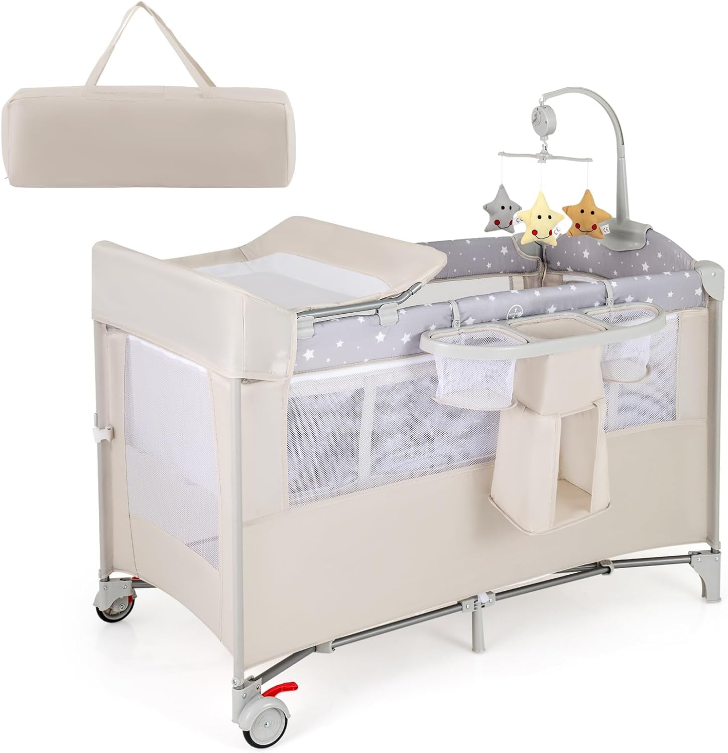 GOPLUS Cuna de Viaje para Bebé 5 en 1, Cuna Colecho Plegable con Cambiador de Pañales, Juguetes, Caja de Música, Colchón y Estante, Parque Bebe Portátil con Bolsa de Transporte (Beige)