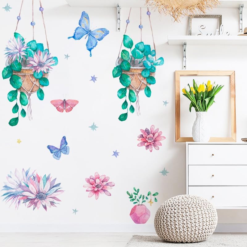 Calcomanía de pared de vinilo impermeable para colgar en acuarela, diseño de mariposas y plantas verdes, decoración de pared para el hogar,
