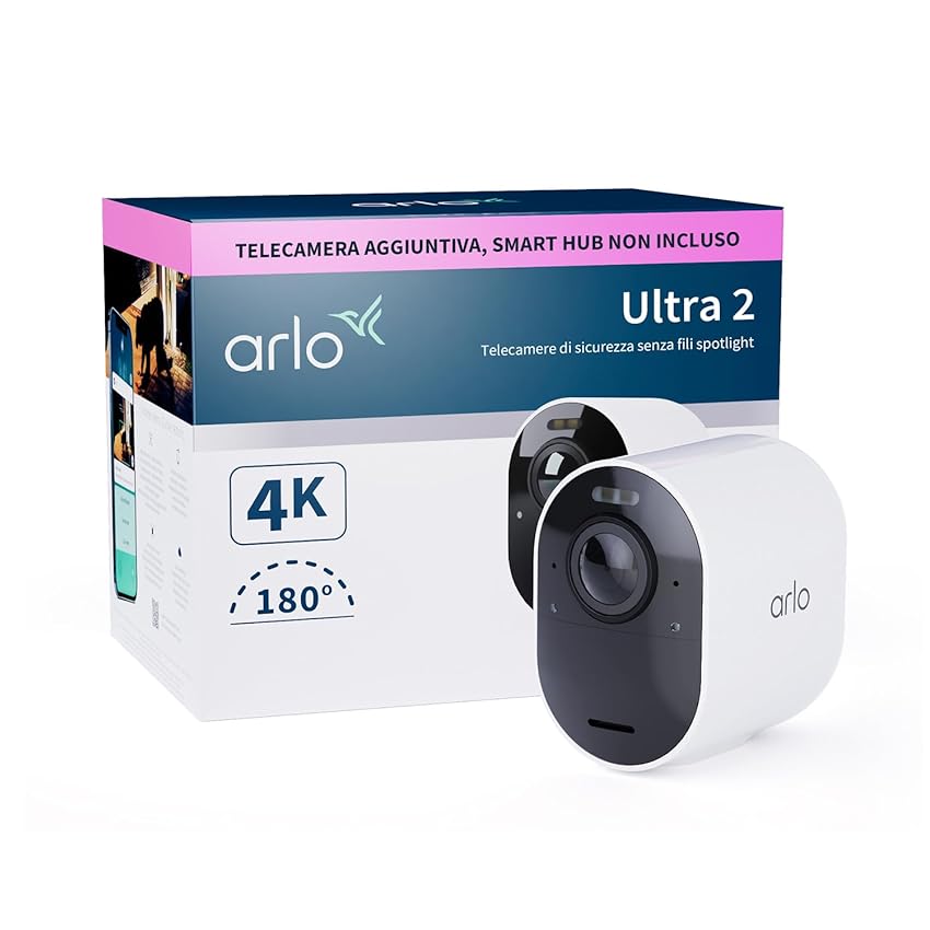 Immagine del prodotto Arlo Ultra 2 Telecamera Aggiuntiva Wi-Fi Esterno Senza Fili, 4K UHD, 180° Visione Notturna Colori, Sirena, Rilevamento Movimento, Audio Bidirezionale, Stazione Base Necessaria Venduta Separatamente