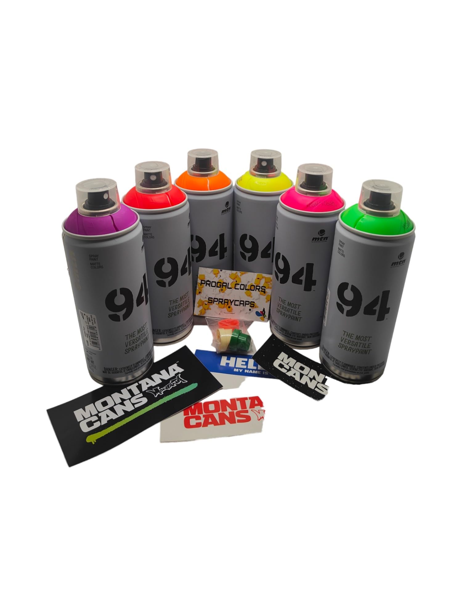MTN 94 Spraydosen Neon fluoreszierende Farben Set 6 x 400 ml von Montana Colors + 3 Ersatzdüsen in verschiedenen Größen