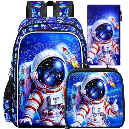 Image of HPJGD 3PCS Astronaut Bookbag for Boys, Water Resistant Kids Backpack Set with Lunch Box, Cool School Bag for Elementary Preschool Toddler - Thumbs-Up Astronaut