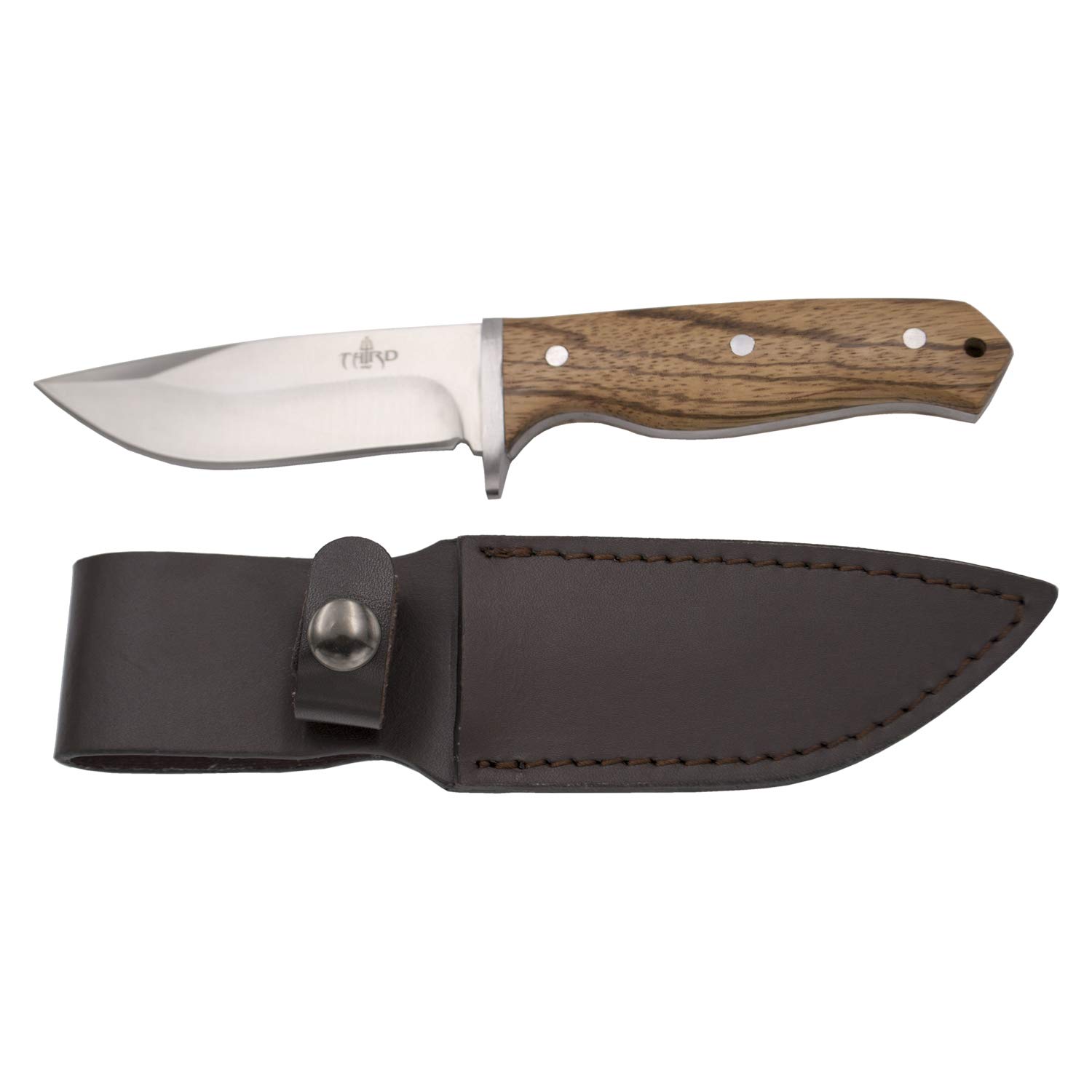 THIRD Cuchillo de Caza 16367ZW, con Hoja de Acero 440 de 10.6 cm Acabado Satinado, Mango de Madera. Incluye Funda de Piel