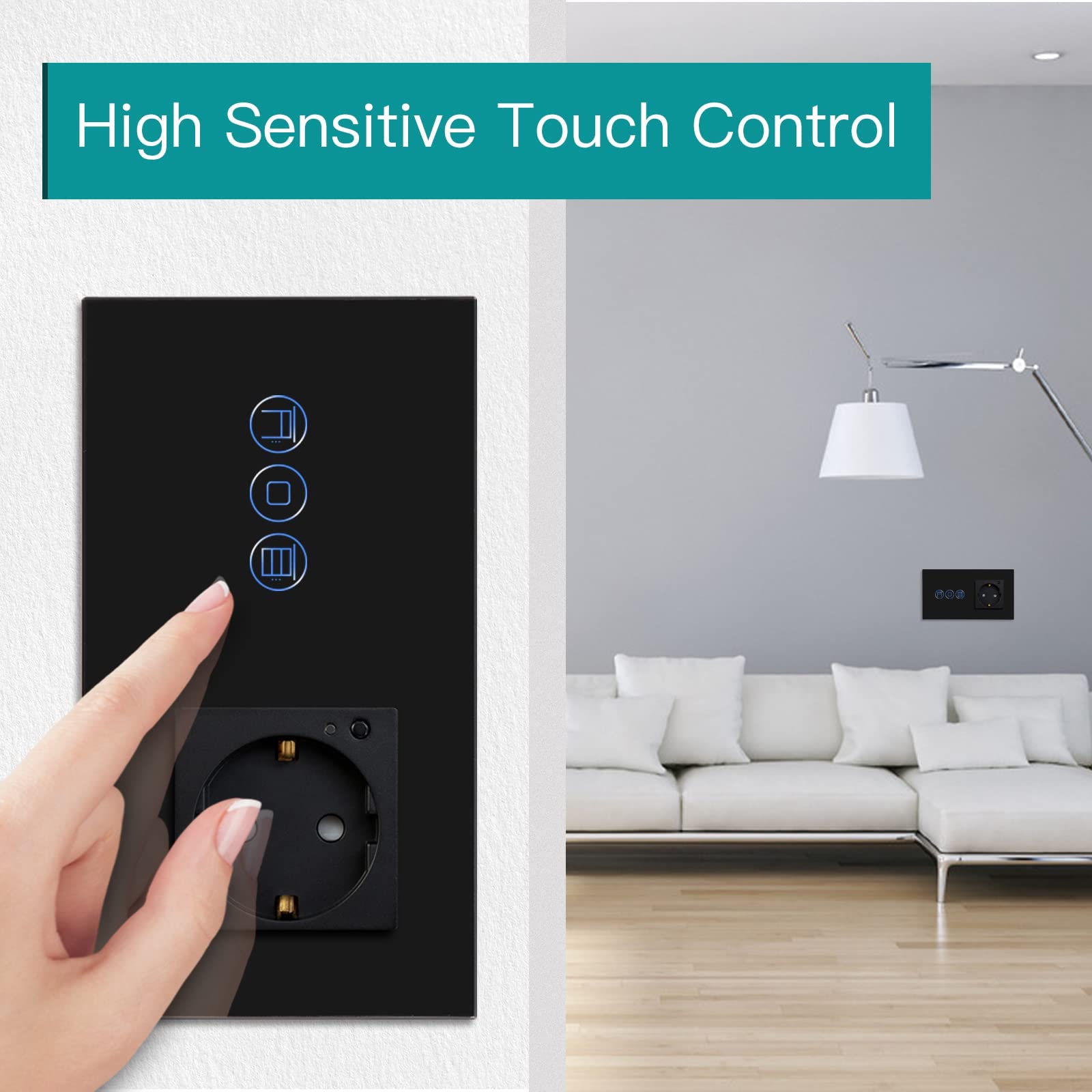 BSEED Interruttore a tapparella Wifi e Schuko Presa intelligente compatibile con Alexa/Tuya, controllo percentuale nero 157 mm (richiede cavo neutro)