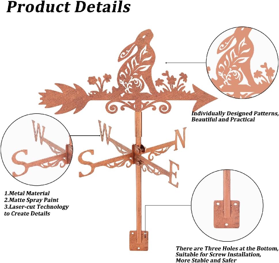 SUPERDANT Rabbit Weathervane Moon Gazing Hare Metal Weather Vane Red Copper Animal Wind Direction Measuring Instrument Roof Installation for Garden Farm Backyard Gazebo Barn Shed Art Decor