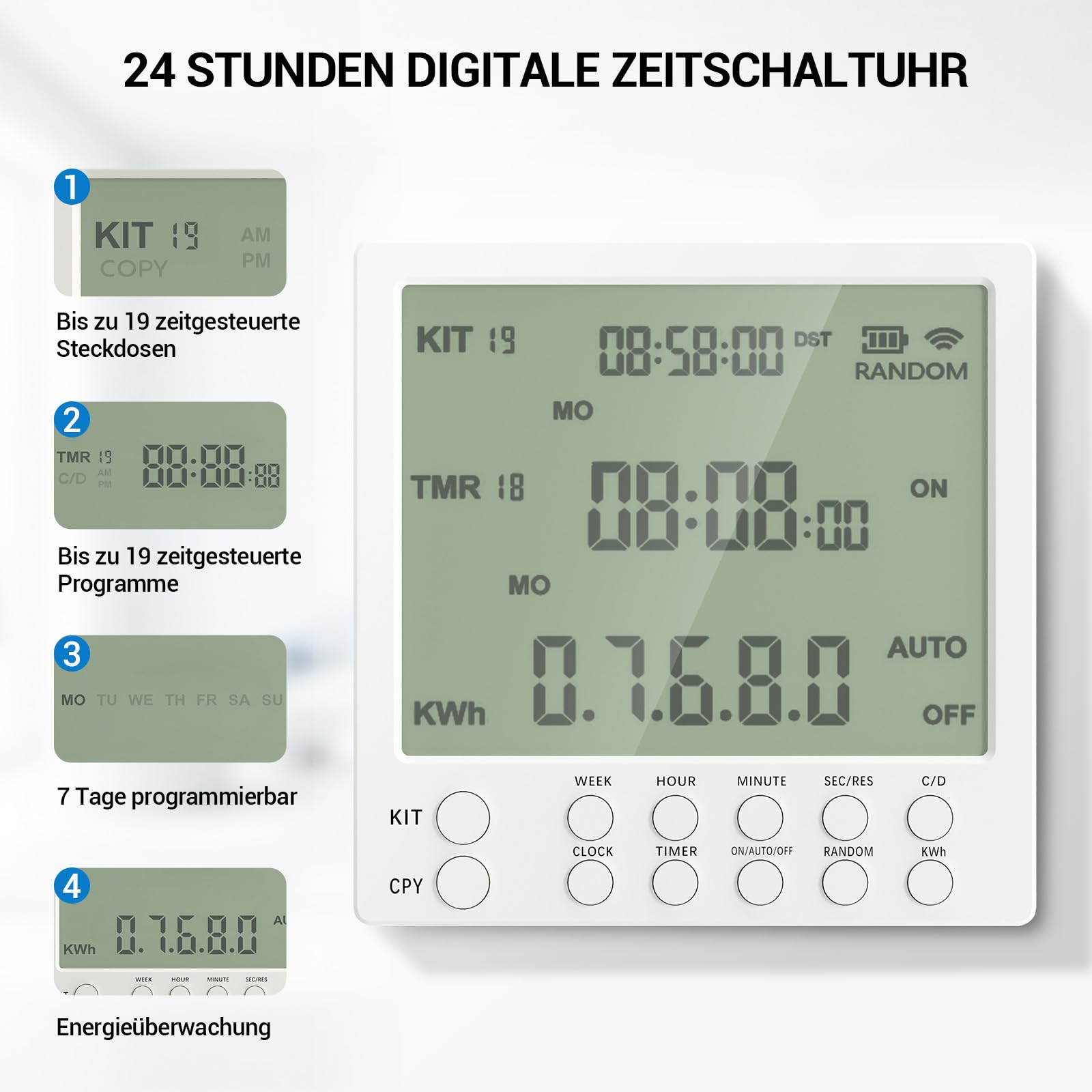 Digitale Zeitschaltuhr Steckdose, 19 Timer-Programme, Timer Steckdose mit Countdown- und Zufallsmodus für Haussicherheit, Zeitschaltuhr Steckdose für Lampen und Haushaltsgeräte, 16A / 230V