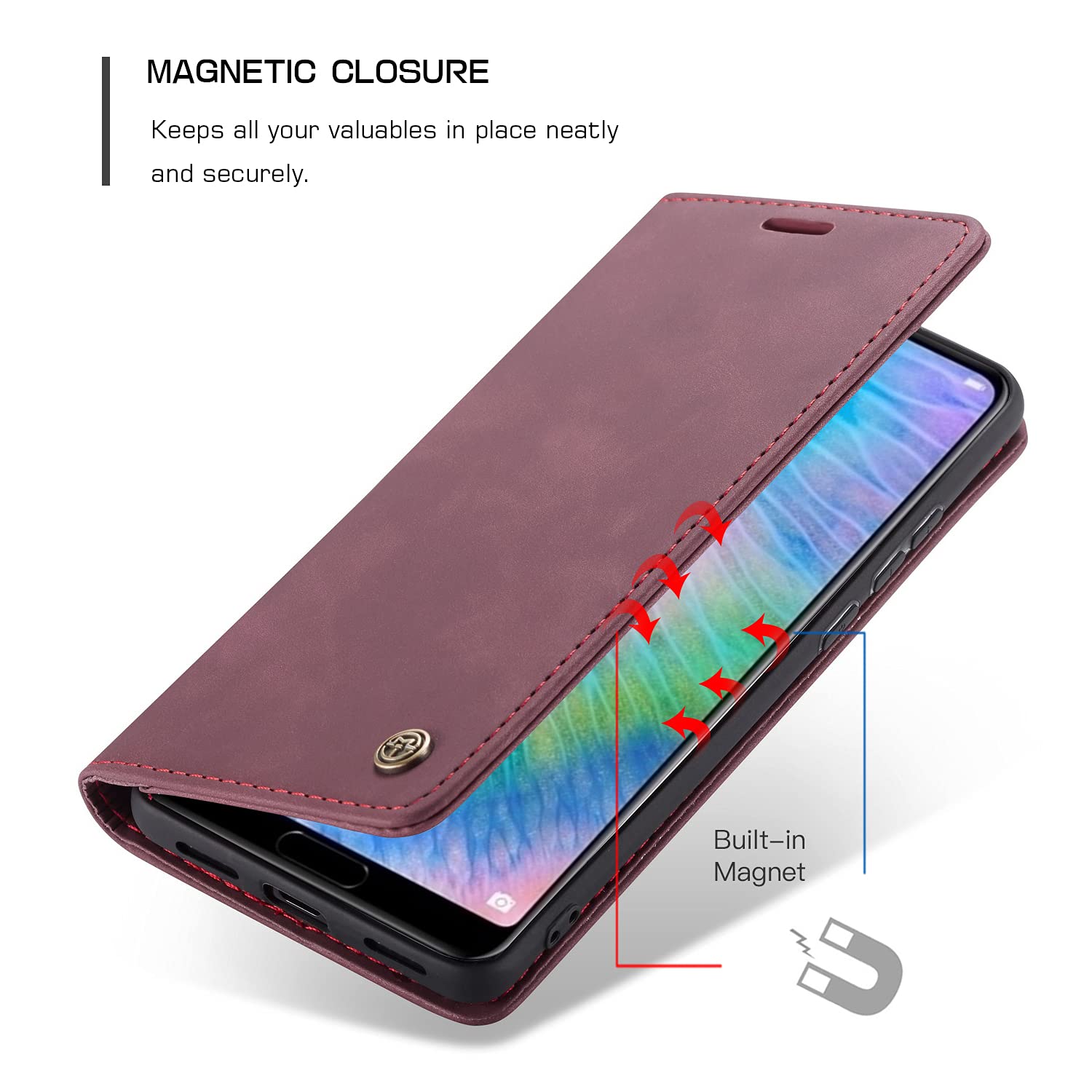 Custodia Per Huawei P20 Con Portafoglio E Vetro Temperato | Xinyunew Cover Premium Con 360° Di Protezione, Slot Carte E Supporto (Rosso) - 3