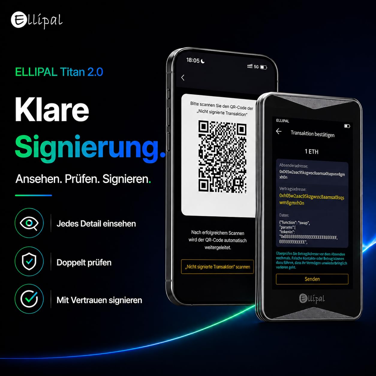 ELLIPAL Titan 2.0 Krypto-Wallet - 100% Offline-Hardware-Cold-Wallet mit Air-Gapped-Technologie, Bitcoin-Sicherheit, Speichern und Verwalten von Tausenden Coins und Tokens.