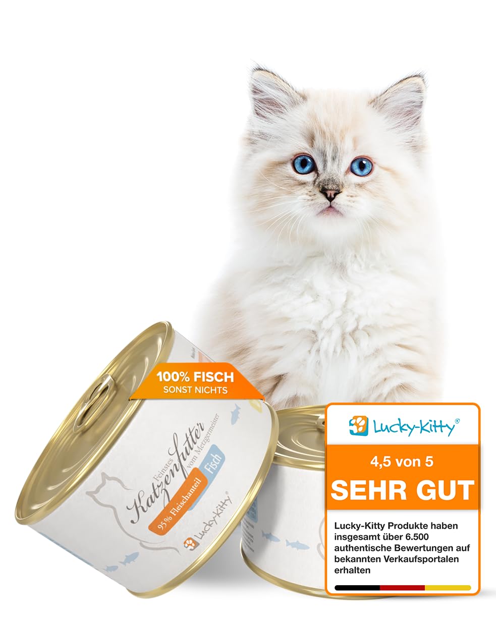 Lucky-Kitty Katzenfutter Nass, 95% ganzer Hering, Monoprotein, 16x200g | Ohne Getreide & Zucker, Lebensmittelqualität, Für Katzen & Kitten, Hering aus der Nordsee, Ohne Zusätze, Made in Germany