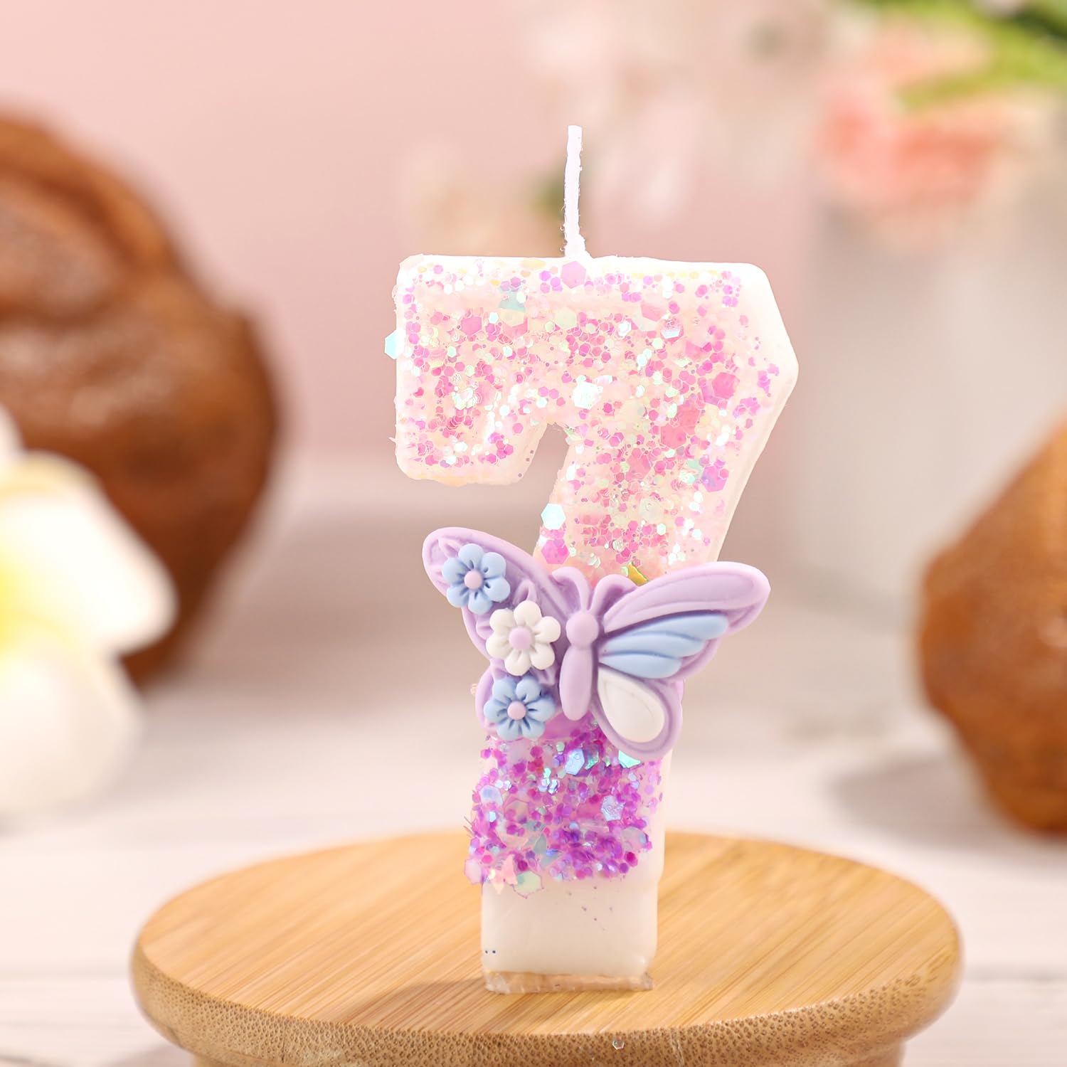 Butterfly Number Birthday Candle - Pink & Purple With Sequins, Cake Topper For Girls/Women (Number 0) - View #7