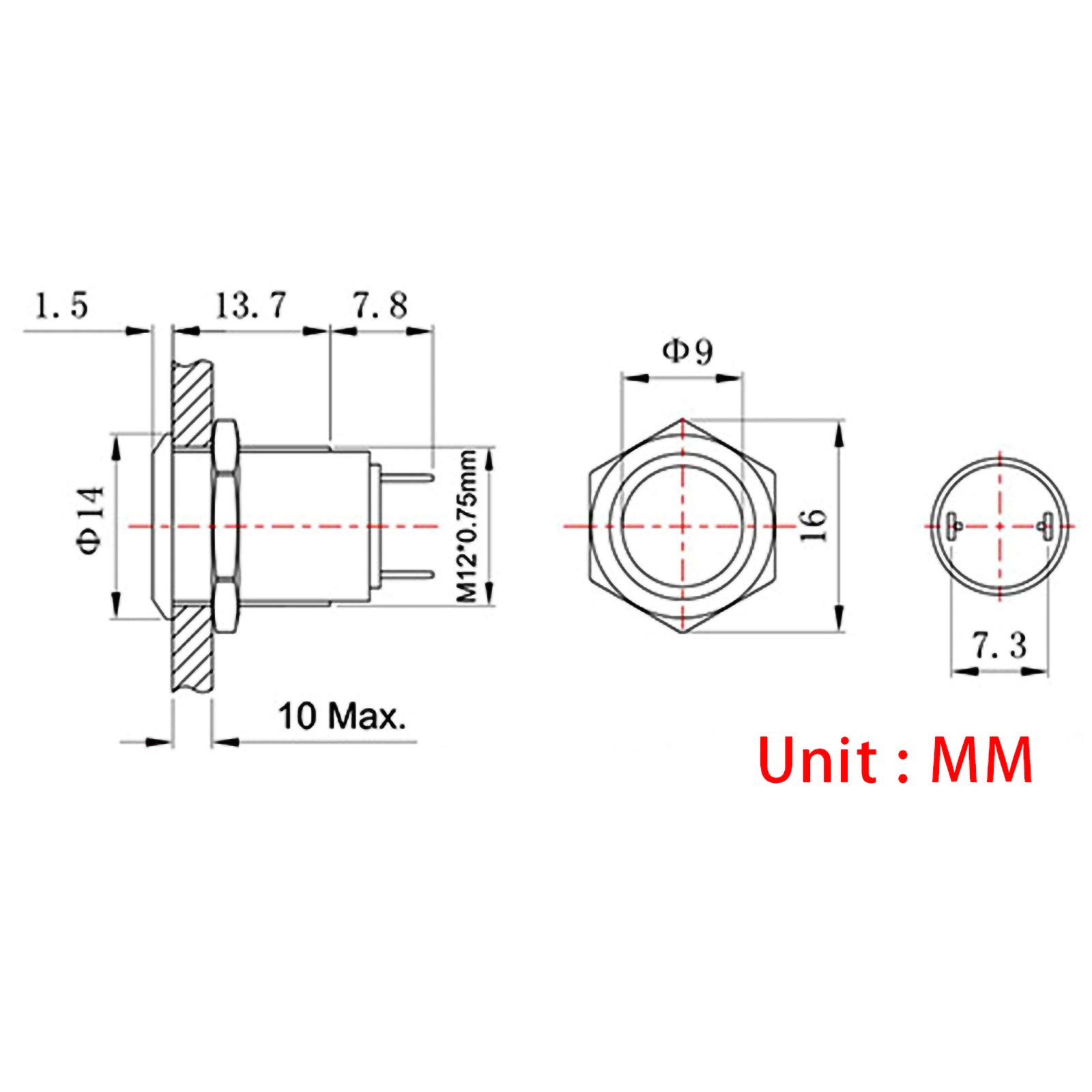 Larcele Mini Push Button Switch Waterproof Momentary Metal Automatic Return Button Switch JSANKG-01,5 Pieces (12mm, Flathead)