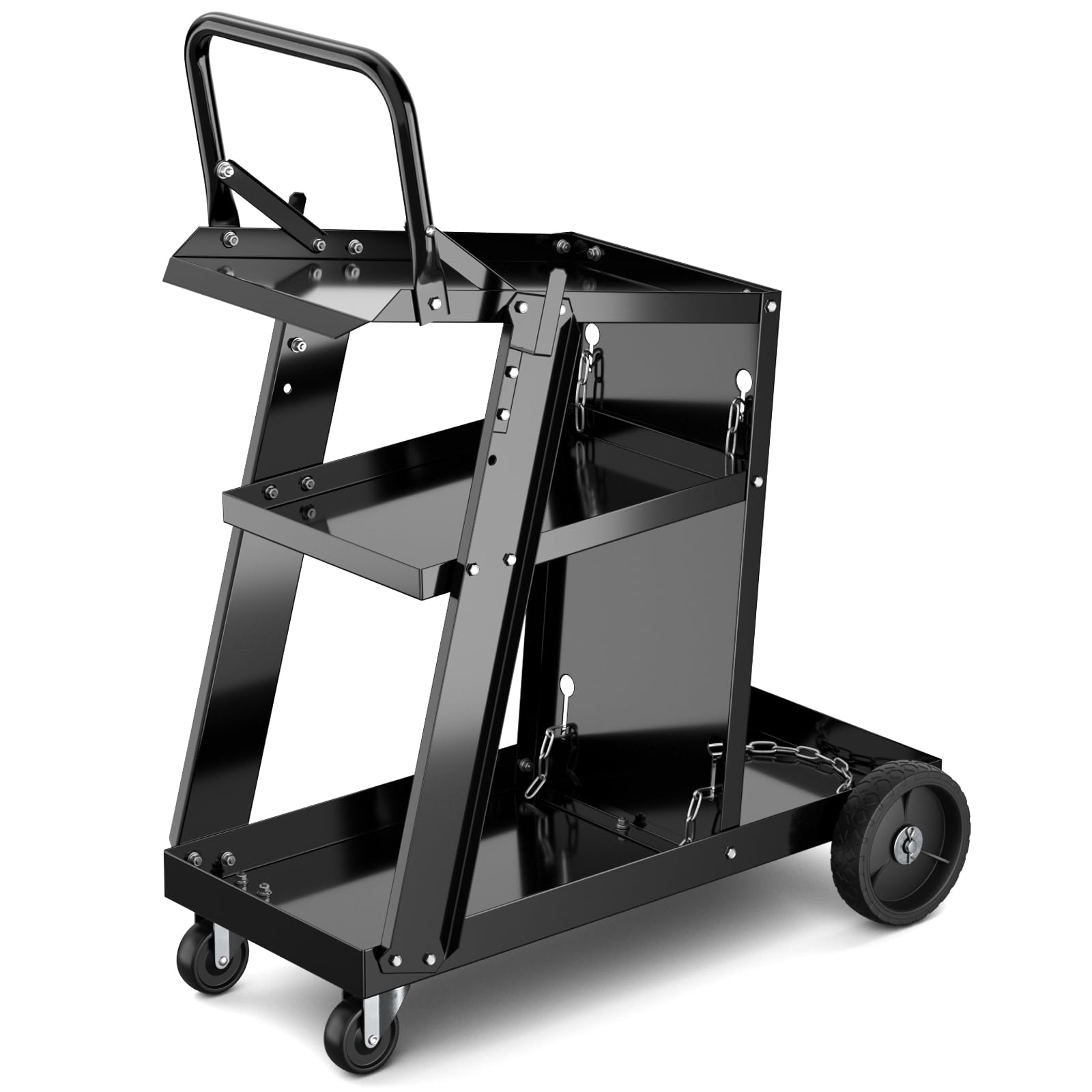 GYMAX Carro de Soldadura Profesional, Carro Móvil para Taller con 3 Estantes, 2 Cadenas para Cilindros de Gas, 2 Ganchos Laterales, Ruedas Giratorias y Fijas, Capacidad 50 kg, Diseño Robusto Práctico