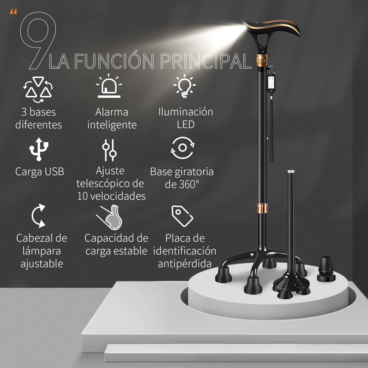 Bastón multifunción para hombre y mujer con alarma y función de iluminación LED, equipado con 3 tipos de zócalos diferentes, bastones de alta calidad para personas mayores