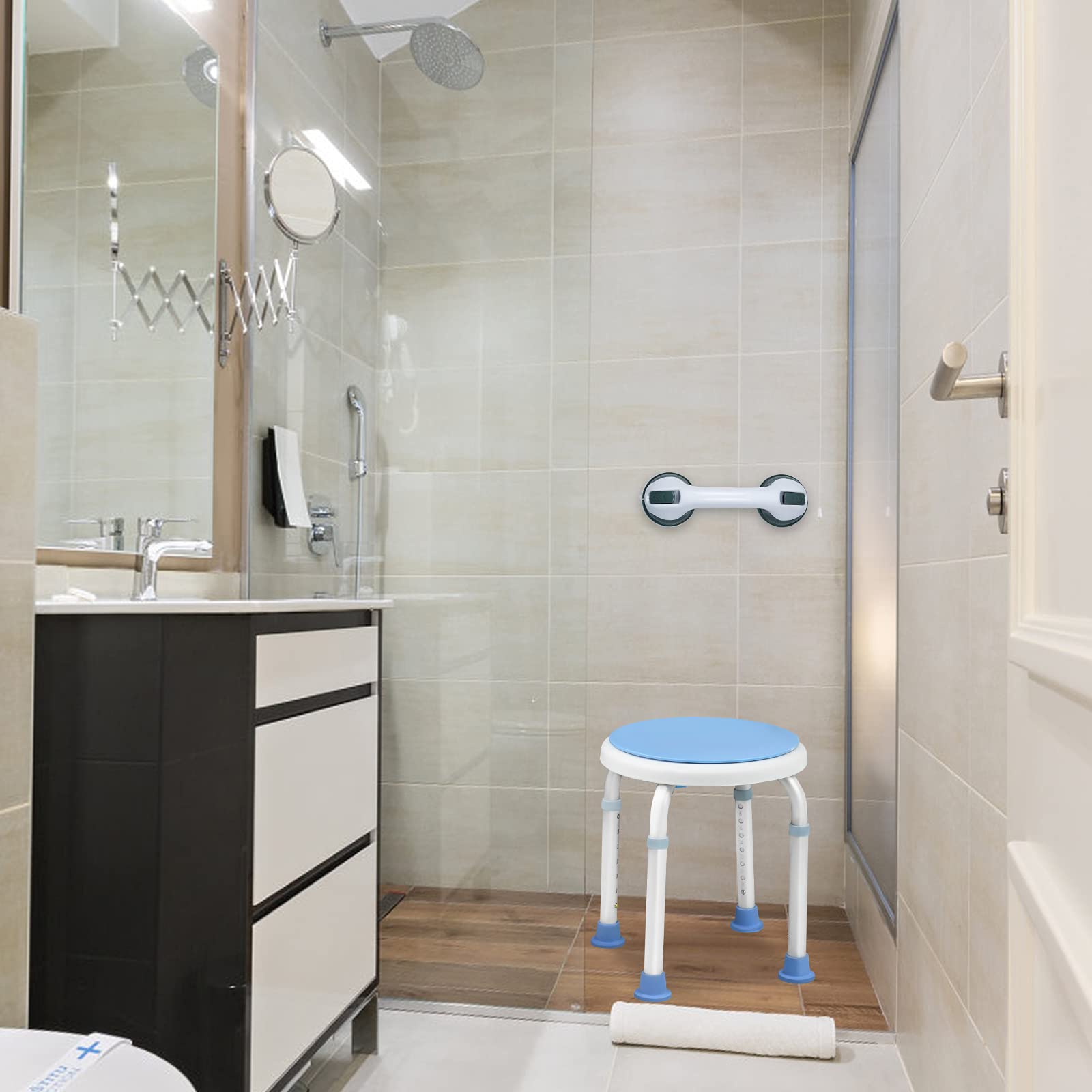 UISEBRT Sgabello da doccia girevole a 360°, regolabile in altezza, per doccia e bagno, antiscivolo, con ventosa, manico per vasca da bagno (sedia + maniglia)