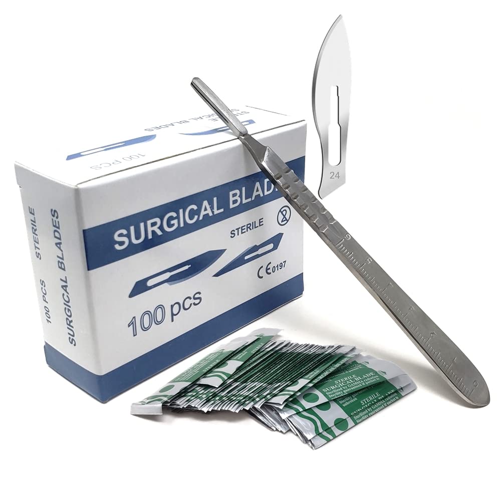 Box of 100 Scalpel Sterile Blades Carbon Steel Individually Foil Wrapped With Stainless Steel Scalpel Handle (Blade #24 + Handle #4)