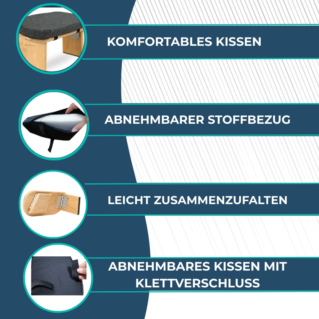 BUDDLEY Meditationsbank - Klappbar mit Kissen aus Baumwolle - Yogahocker - Meditationsstuhl Faltbar - Yogastuhl - Ergonomisch - aus Bambus
