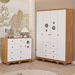 Quarto de Bebê Completo Guarda Roupa 4 Portas Cômoda 1 Porta 3 Gavetas 100% MDF Bolinha